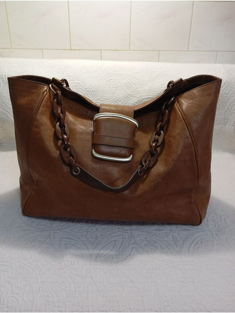 Banana Republic Brown Leather Chain Strap Tote Handbag Silver  Stylish Functiona